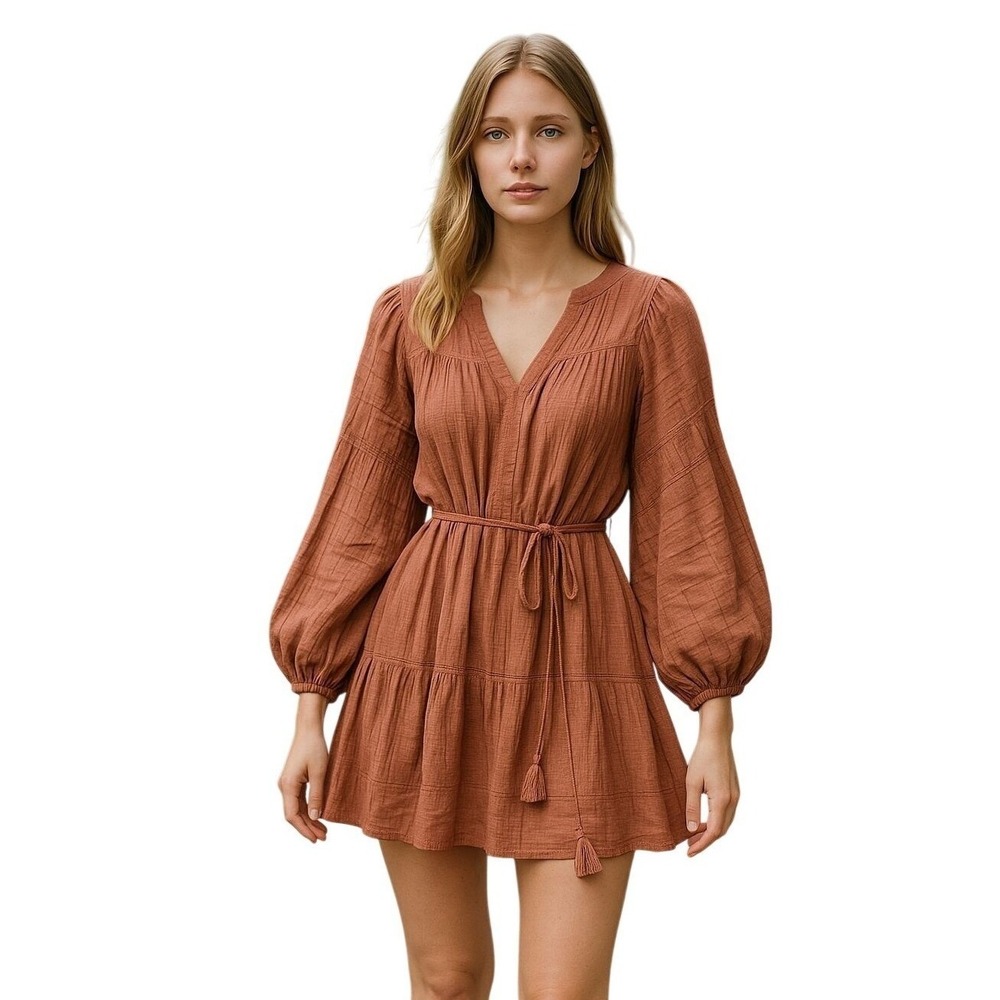 Gentle Fawn Mini Dress Women Small Rust Brown Long Sleeve Tie Waist Casual$149‎